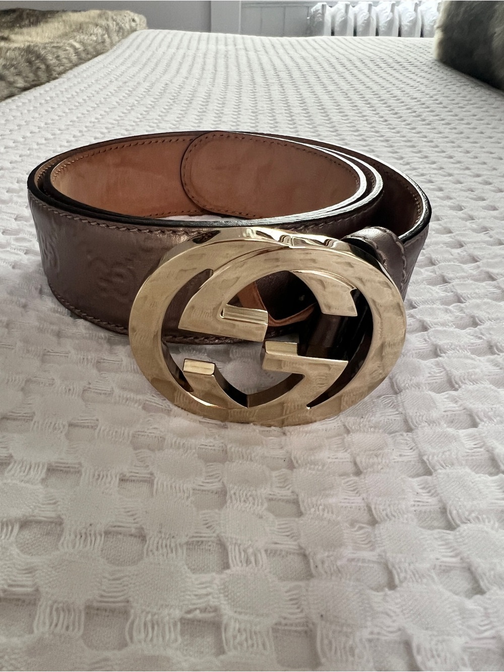 Gucci Brown Embossed Leather Belt with Gold Double G Buckle
